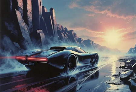 A mesmerizing, cinematic science-fantasy illustration capturing an epic moment suspended in time — a high-performance retrofuturistic car streaks across a surreal crystal wasteland, where jagged crystalline formations from the fractured ground. Each prism-like spire reflects the sky's electric hues, scattering radiant beams in every direction.Directional light from a rising sun floods the scene with stark contrast, painting long shadows across the terrain and illuminating swirling morning mist that clings low to the ground. Light refracts through both crystals and fog, forming glittering particles suspended midair.The composition captures a dramatic close-up of the car, its body gleaming with polished chrome and iridescent energy, reflecting a kaleidoscope of colors — purples, oranges, cold cyans — that shimmer like oil on water. Its aerodynamic silhouette is tense, as if coiled to pierce through time itself. Beneath, the road dissolves into speed lines, adding an intense sense of velocity and purpose. Every element — from light, to texture, to motion — contributes to a powerful sense of driven transcendence, as if this vehicle races not just across land, but across dimensions.High resolution, hyperdetailed, infused with glowing effects, surreal contrasts, motion blur, and emotional depth. A visually arresting masterpiece inspired by the styles of Paul Chadeisson, Simon Stålenhag, and Syd Mead. A poetic and awe-inspiring tribute to speed, isolation, and cosmic destiny.