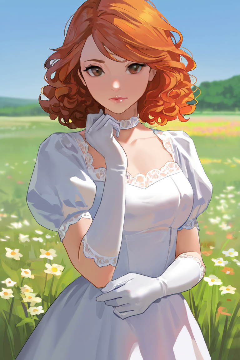 masterpiece, best quality, highres, newest, 1girl, solo, medium hair, curly hair, wavy hair, orange hair, swept bangs, brown eyes, lips, lipstick, looking at viewer, medium breasts, choker, medium dress, white dress, lace trim, puffy sleeves, puffy short sleeves, short sleeves, gloves, elbow gloves, white gloves, hand up, cowboy shot, closed mouth, standing, outdoors, field, flower, grass, plant, sky <lora:Smooth Anime [LoRA] - NoobAI-XL EPS 1.0:1>