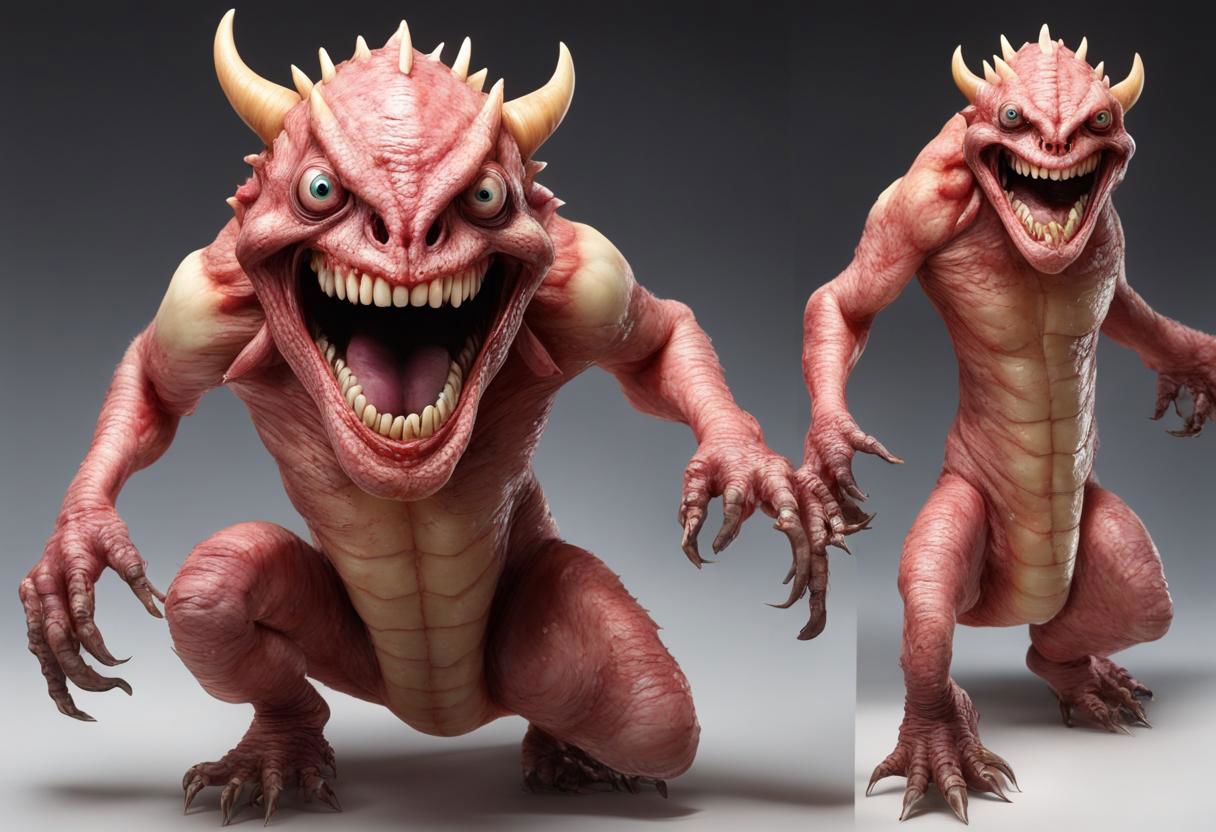 masterpiece, best quality, awsome details, smal fragile monster, skin like flesh  no nose, 3 tongues, 3 eyes, shapre long stick out teeth