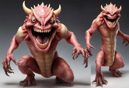 masterpiece, best quality, awsome details, smal fragile monster, skin like flesh no nose, 3 tongues, 3 eyes, shapre long stick out teeth