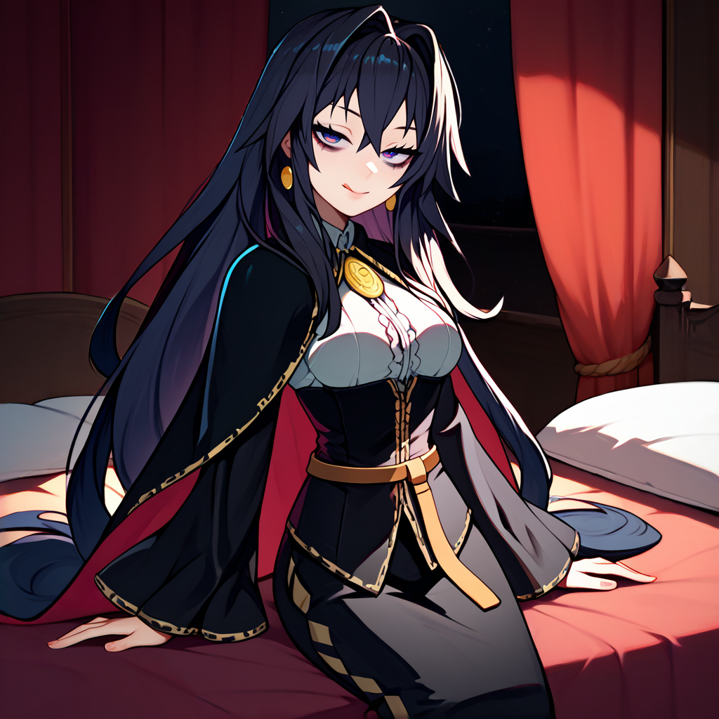 <lora:dronia:1>,dronia,black hair,long hair,hair intakes,blue eyes,red eyes,gradient eyes,black sleeves,white shirt,center frills,corset,sleeve cuffs,long black skirt,belt,black cape,earrings,jewelry,bedroom eyes,bags under eyes,
indoors,bedroom,night,curtains,
cowboy shot,sitting on bed,looking at viewer,closed mouth,tongue out,arm support,, score_9, score_8_up, score_7_up, perfect anatomy, source_anime, zPDXL2,