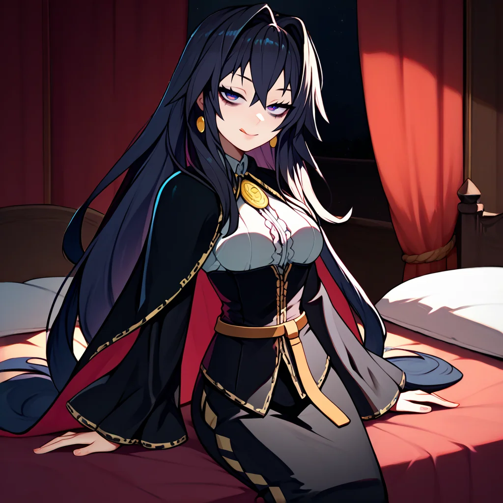 <lora:dronia:1>,dronia,black hair,long hair,hair intakes,blue eyes,red eyes,gradient eyes,black sleeves,white shirt,center frills,corset,sleeve cuffs,long black skirt,belt,black cape,earrings,jewelry,bedroom eyes,bags under eyes,
indoors,bedroom,night,curtains,
cowboy shot,sitting on bed,looking at viewer,closed mouth,tongue out,arm support,, score_9, score_8_up, score_7_up, perfect anatomy, source_anime, zPDXL2,