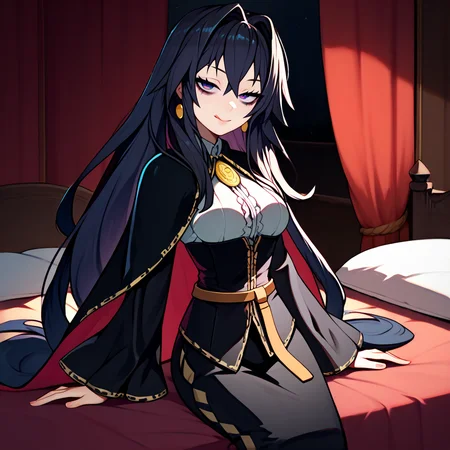 <lora:dronia:1>,dronia,black hair,long hair,hair intakes,blue eyes,red eyes,gradient eyes,black sleeves,white shirt,center frills,corset,sleeve cuffs,long black skirt,belt,black cape,earrings,jewelry,bedroom eyes,bags under eyes,
indoors,bedroom,night,curtains,
cowboy shot,sitting on bed,looking at viewer,closed mouth,tongue out,arm support,, score_9, score_8_up, score_7_up, perfect anatomy, source_anime, zPDXL2,