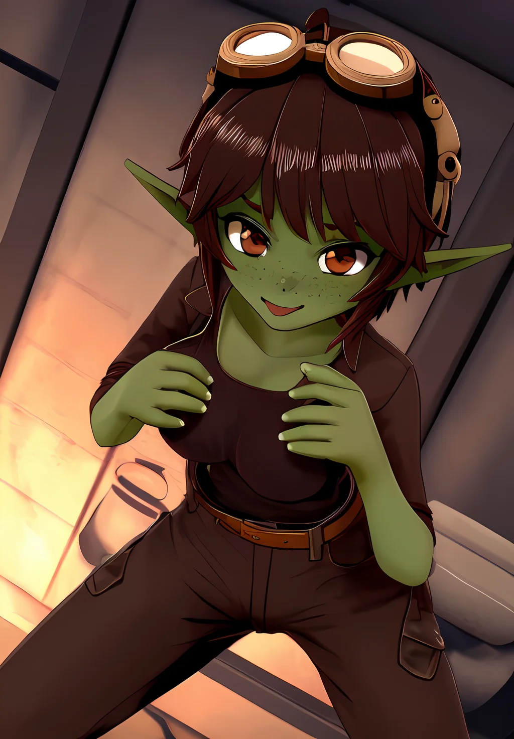 <lora:lyx:0.8>, lyx, 1girl, solo, mechanic pants, goggles on head,, (seductive, alluring, charming:1.3), (highly detailed, high quality:1.3)