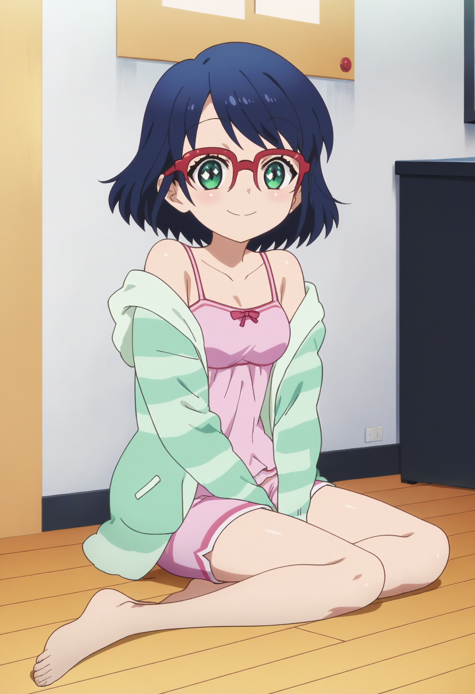 score_9, score_8_up, score_7_up, score_6_up, score_5_up, score_4_up , anime coloring ,BREAK source_anime, anime,screencap,
 1girl, solo,cyanh, cyanh, green hoodie, pink camisole, casual,  red-framed eyewear, pink shorts, barefoot, <lora:PonyXL Cyan Hijirikawa V5:1>
indoors,full body, sitting on floor,
smile, looking at viewer,