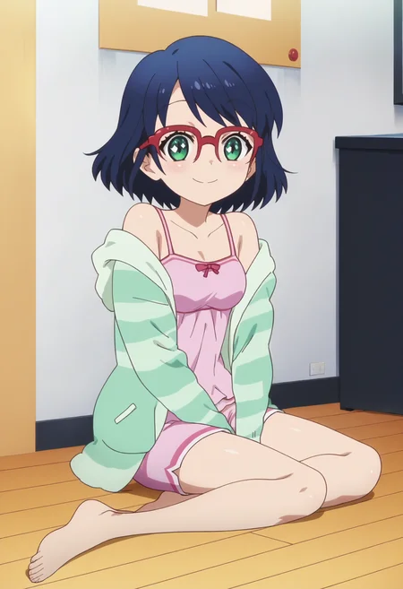 score_9, score_8_up, score_7_up, score_6_up, score_5_up, score_4_up , anime coloring ,BREAK source_anime, anime,screencap,
1girl, solo,cyanh, cyanh, green hoodie, pink camisole, casual, red-framed eyewear, pink shorts, barefoot, <lora:PonyXL Cyan Hijirikawa V5:1>
indoors,full body, sitting on floor,
smile, looking at viewer,