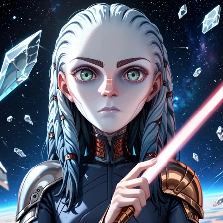 (score_9, score_8_up, score_7_up, score_6_up), gwyndala, 1girl, solo, alien, long hair, colored skin, braid, blue hair, portrait, closed mouth, glass, green eyes, facial mark, broken glass, viewport, space, holding, lightsaber, laser sword, bodysuit,