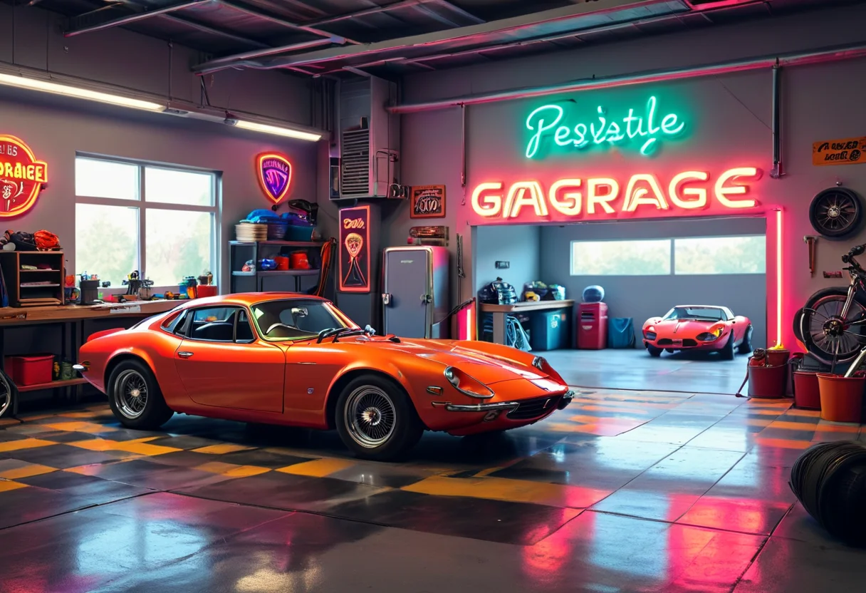 a sports car in a garage with a neon sign <lora:Psych-Futurism:1>,pfstyle