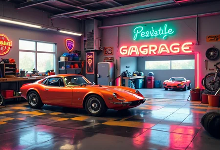 a sports car in a garage with a neon sign <lora:Psych-Futurism:1>,pfstyle