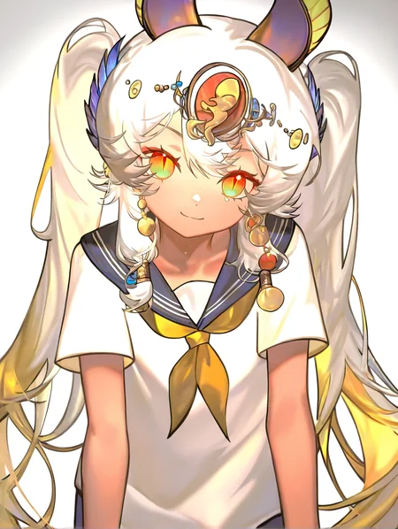 1girl,looking at viewer,solo,(simple background:1.2),(white background:1.1),smile,cowboy shot,,yuanwangbei,multicolored eyes,alternate costume,serafuku,slit_pupils,<lora:yuanwangbei-000014:1.2>, masterpiece, best quality, very aesthetic, absurdres,newest, incredibly absurdres,