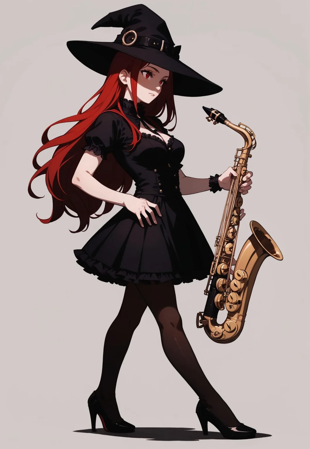 safe_pos, 1girl, red hair, long hair, red eyes, black witch hat, black short sleeve blouse, black short frill skirt, black pantyhose, high heels,
full body, stand, simple background, medium breasts,
score_9, score_8_up, score_7_up,
playing saxophone, saxophone <lora:saxophone-pony-000003:0.75>