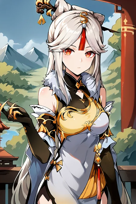 score_9, score_8_up, score_7_up, source_anime, 1girl, ningguang \(genshin impact\), solo, china dress, elbow gloves, hair stick, claw ring, red tassel hair ornament, fur collar, detached sleeves, cowboy shot, standing, looking at viewer, expressionless, mountain, east asian architecture, outdoors, depth of field <lora:Char-Genshin-Ningguang-V1-Pony:0.9> <lora:IshikePony:0.3> <lora:mikozin__Blue_archive_style:0.3> <lora:urushihara-lora04_PonyXL:0.4>