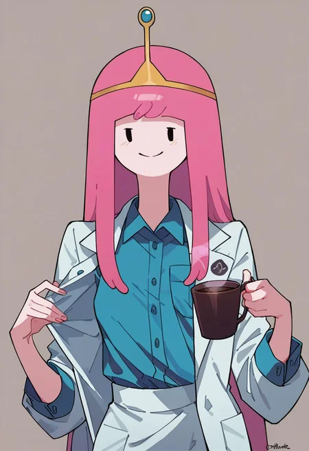 score_9, score_8_up, score_7_up, b0bbl3g0m, pink hair, wear only lab coat, one breast oops, holding a cup of coffee in hand, smile, source_cartoon, in the style of adventure time, Expressiveh
, zPDXL
