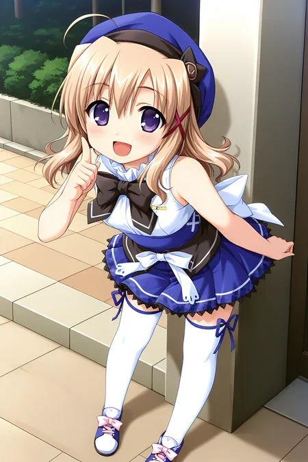 masterpiece, best quality, absurdres, official art, official style, general BREAK <lora:komatsuasuka_IL_v1-2:0.7>, komatsu asuka, 1girl, solo, purple eyes, light brown hair, long hair, hair between eyes, messy hair, x hair ornament, school uniform, beret, blue headwear, hat ribbon, black ribbon, sleeveless shirt, frilled shirt collar, bare arms, black bowtie, white sleeveless, white bow, back bow, black skirt, wrap skirt, blue skirt, high-waist skirt, lace-trimmed skirt, black lace, petticoat, zettai ryouiki, white thighhighs, blue ribbon, thigh ribbon, shoes, sneakers, blue footwear, legs, open mouth, full body, :d, blush, looking at viewer, index finger raised, pointing up, leaning forward, standing, pigeon-toed, bare shoulders, outdoors, day, sunbeam, from above