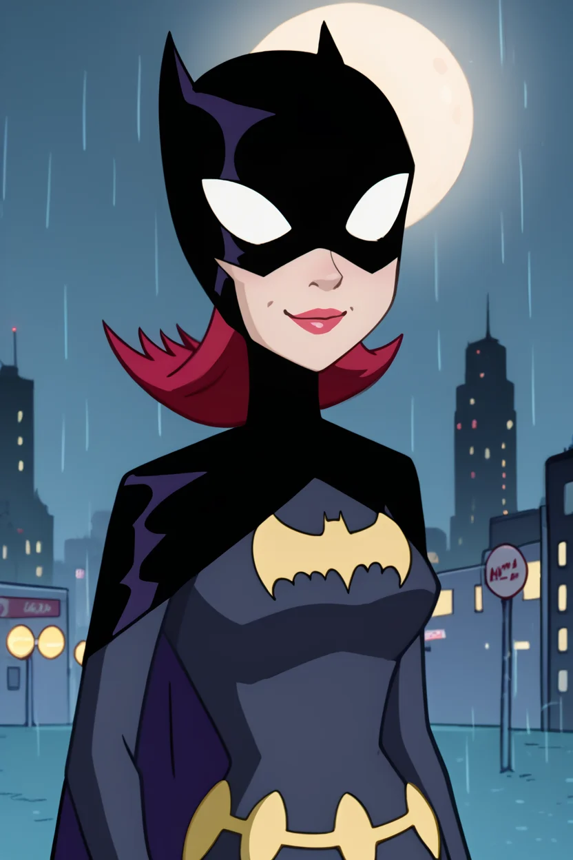 batgirl, 1girl, solo, smile, black mask, white eyes, no pupils, red hair, lipstick, red lips, black cape, bat print, black bodysuit, utility belt, black gloves, looking at viewer, upper body, raining, rain, night, city, street, moon, zPDXL, <lora:Batgirl:0.9>, <lora:LeisureSuitLarry-WD-PonyXL-V1:0.8>