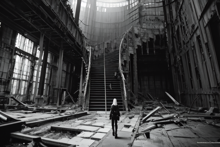 highly insanely detailed, masterpiece, top quality, best quality, highres, 4k, 8k, RAW photo, (very aesthetic, beautiful and aesthetic),  
tsutomu nihei,nihei_tsutomu,blame!,blame gakuen!,abara,TNstyle,sidonia_no_kishi,(giant room,hangar,city ruins,deep horizon,stairs), 
<lora:blameLora_v10:0.6>, 
(1girl:1.3), 
solo focus, 
mangrove forest biome,âââ