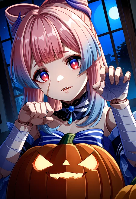 score_9, score_6_up, source_anime,
sango, sangonomiya_kokomi, pink_hair, long_hair, bow-shaped_hair, multicolored_hair, blue_hair, gradient_hair, hair_ornament, vision_\(genshin_impact\),
mummy costume, bandages, halloween costume, bandaged arm, zombie pose, bandage on face, doll joints,
horror \(theme\), scar, scar on face, blank stare, staring, red eyes, glowing eyes, shiny skin, facing viewer, looking at viewer, head tilt, sharp teeth, pumpkin,
night, window, window fog,
from above, upper body, (close-up:1.1), dutch angle,
<lora:mummy-costume-ponyxl-lora-nochekaiser:1> <lora:doll_joints_v0.1-pony:1> <lora:sangonomiya_kokomi_pony_ss:0.2>