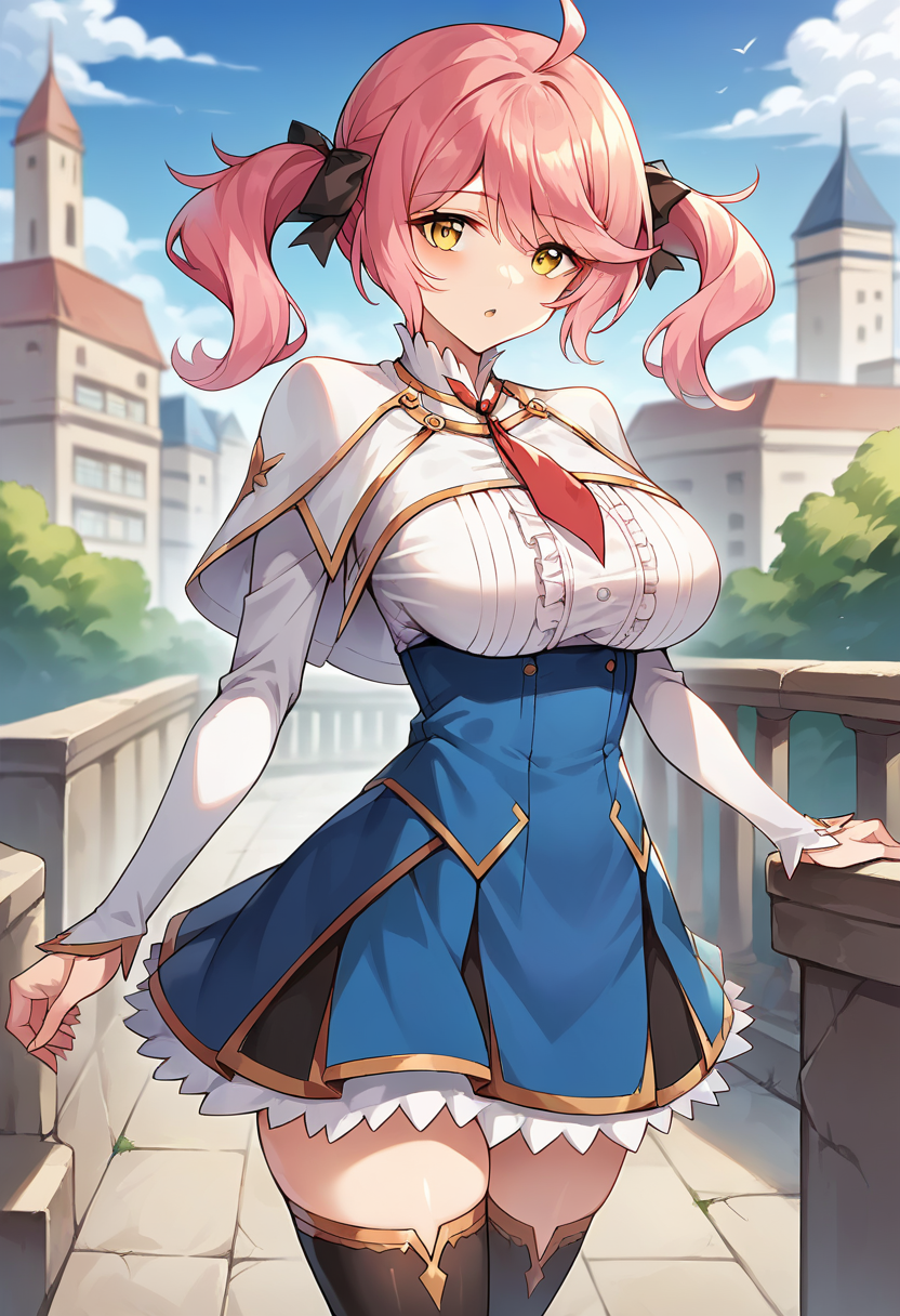 score_9, score_8_up, score_7_up, source_anime, masterpiece, 1girl, ctianph1l, pink hair, yellow eyes, white capelet, large breasts, underbust, blue skirt, frilled skirt, center frills, black thighhighs, red necktie, outdoors, city, sunny, day, depth of field, looking at viewer,   <lora:Philuffy_Aingram_pony_ct:0.9>