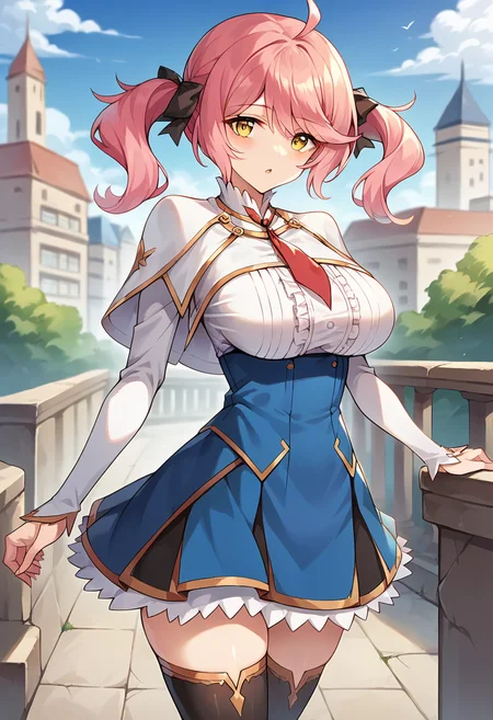 score_9, score_8_up, score_7_up, source_anime, masterpiece, 1girl, ctianph1l, pink hair, yellow eyes, white capelet, large breasts, underbust, blue skirt, frilled skirt, center frills, black thighhighs, red necktie, outdoors, city, sunny, day, depth of field, looking at viewer, <lora:Philuffy_Aingram_pony_ct:0.9>