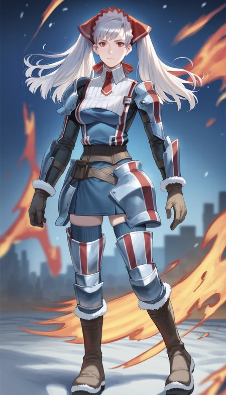 score_9,score_8_up,score_7_up,
realistic,highly detailed,
<lora:aliciamelchiott>,aliciamelchiott,1girl,solo,
awakened valkyria,in game style,white hair,twintails,red eyes,headdress,military uniform,white collar,red necktie,armor,brown gloves with fur trim,brown belt,dark blue skirt,dark blue thighhighs,knee boots with fur trim,full body,
(final flame:1.2),blue flame,battle ground,dark,night,vignetting,blurry background,