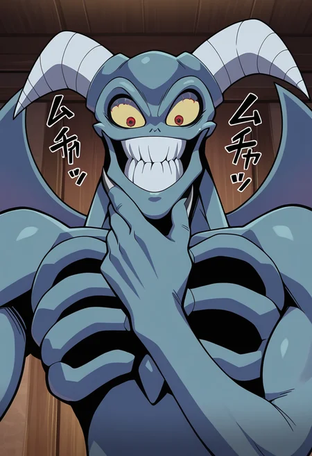 best quality, amazing quality, very aesthetic, absurdres, newest, high quality, masterpiece BREAK 1boy, T00nSkull, ribcage, blue skin, claws, upper body, smile, grin, wings, giggling, laughing, horns, colored sclera, red eyes, bloodshot eyes, close-up, indoors, closed mouth, hand under chin, looking down at viewer, sound effects <lora:Toon_Summoned_Skull_Yugioh:1>