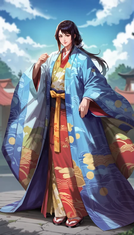 score_9,score_8_up,score_7_up,
highly detailed,highres,<lora:naotoraIi:0.8>,naotora ii,
1girl,solo,
black hair,long hair,low ponytail,white scrunchie,
brown eyes,looking at viewer,smile,kimono,layered blue and orange fabric with yellow accents,intricate patterns,yellow sash,full body,
outdoors,sky,simple background,blurry background,