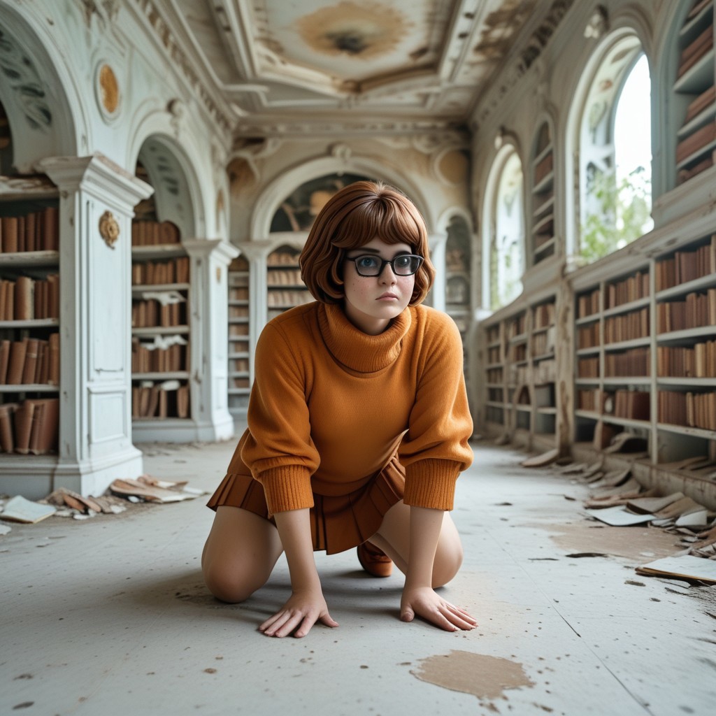 Abandoned Library , freckled Velma from scooby doo on her knees  looking for her glasses on the floor