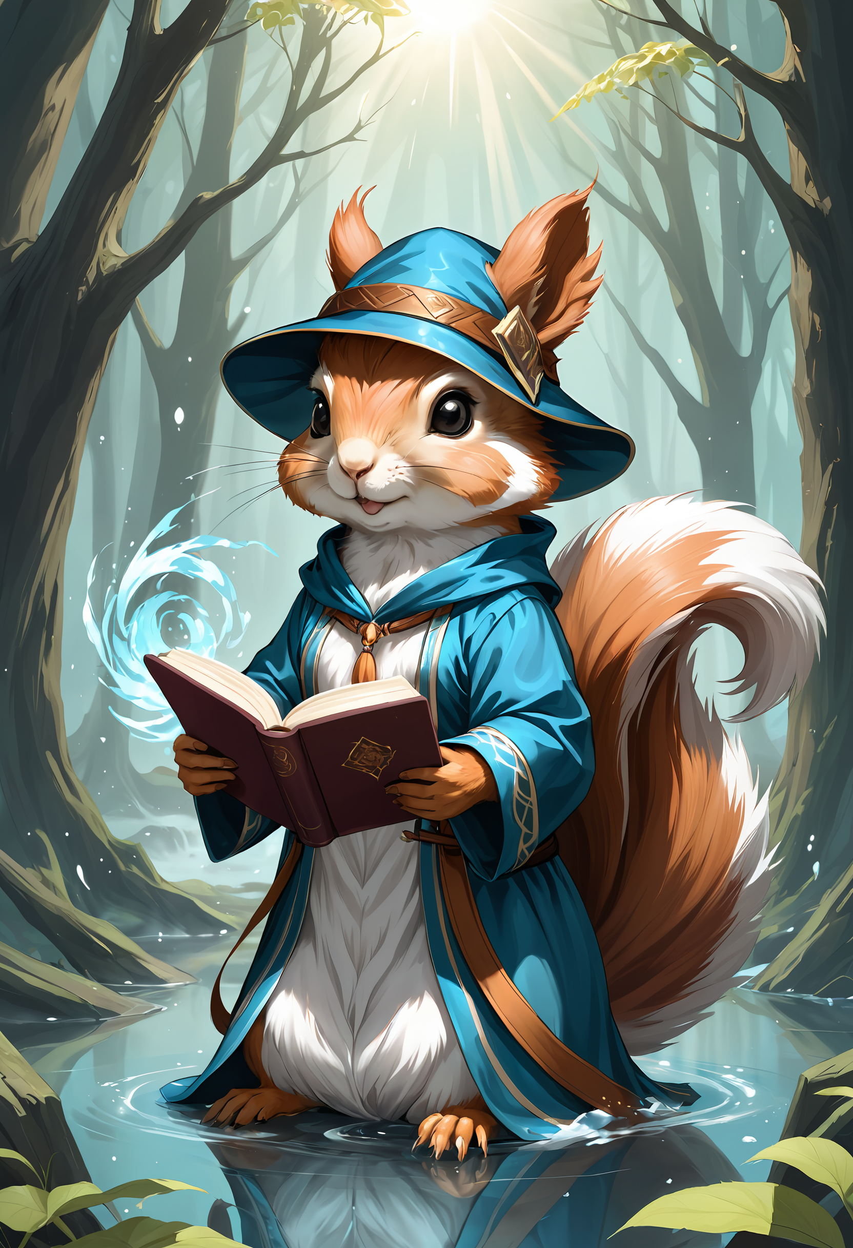 digital art, a cute squirrel mage, mystical aura, reading a book, waterbender, fantasy