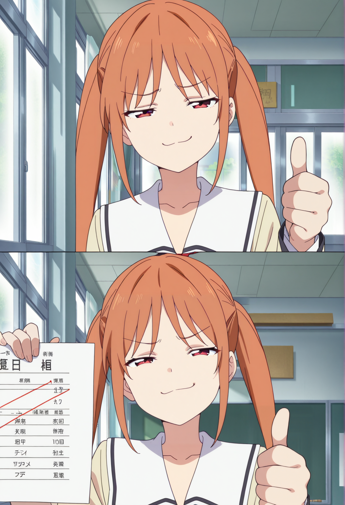 anime screenshot, anime screencap, anime coloring, 1girl, orange hair, red eyes, long hair, twintails, serafuku, school uniform, smug, half-closed eyes, thumbs up, holding academic test, failing grade  <lora:aho_girl:1>, masterpiece, best quality, amazing quality, very aesthetic, absurdres, highres, newest