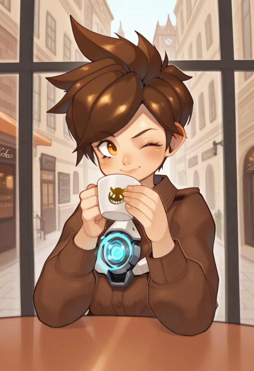 04N1M3R3style, masterpiece, best quality, solo,                                                                           tracer \(overwatch\, brown hair, london street, seated outside cafe, sipping cup of tea, wink,