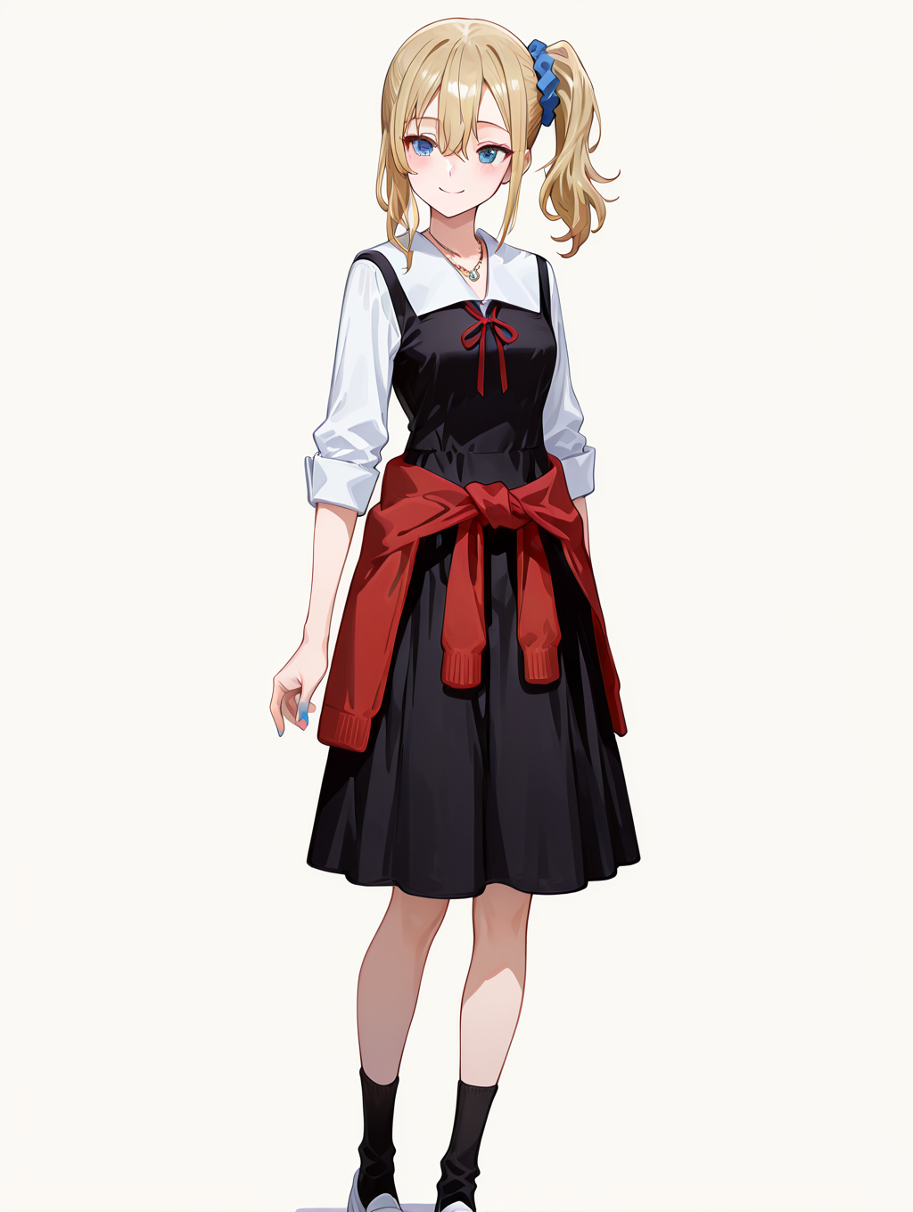 perfect quality,high quality,masterpiece,best quality,amazing quality,very aesthetic,absurdres,Cinematic Lighting,newest,Tactical use of shadow,
front view,full_shot,smile,
1girl,solo,blonde hair,long hair,side ponytail,blue scrunchie,scrunchie,hair scrunchie,hair between eyes,bangs,sidelocks,blue eyes,necklace,shuuchiin academy school uniform,school uniform,collared shirt,shirt,clothes around waist,sweater,blue nails,dress,black dress,socks,black socks,shoes,white footwear,HayasakaAiCYQL,
full body,standing,hand_on_own_chin,,
lemonchiffon background,simple background,
usnr,748cmstyle,<lora:USNR STYLE_XL_loha:0.45>,<lora:spo_sdxl_10ep_4k-data_lora_webui:0.6>,<lora:illustrious_all_rated_v1:0.6>,<lora:748cmSDXL:0.6>,<lora:illustrious_quality_modifiers_masterpieces_v1:0.8>,<lora:lora.by_tusi:1>,