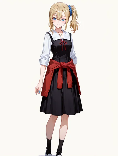 perfect quality,high quality,masterpiece,best quality,amazing quality,very aesthetic,absurdres,Cinematic Lighting,newest,Tactical use of shadow,
front view,full_shot,smile,
1girl,solo,blonde hair,long hair,side ponytail,blue scrunchie,scrunchie,hair scrunchie,hair between eyes,bangs,sidelocks,blue eyes,necklace,shuuchiin academy school uniform,school uniform,collared shirt,shirt,clothes around waist,sweater,blue nails,dress,black dress,socks,black socks,shoes,white footwear,HayasakaAiCYQL,
full body,standing,hand_on_own_chin,,
lemonchiffon background,simple background,
usnr,748cmstyle,<lora:USNR STYLE_XL_loha:0.45>,<lora:spo_sdxl_10ep_4k-data_lora_webui:0.6>,<lora:illustrious_all_rated_v1:0.6>,<lora:748cmSDXL:0.6>,<lora:illustrious_quality_modifiers_masterpieces_v1:0.8>,<lora:lora.by_tusi:1>,