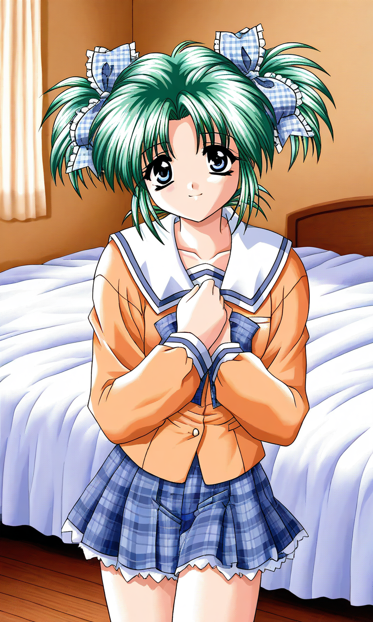 general,highres, ultra-detailed,very aesthetic,best quality ,best hands, BREAK <lora:Minase_Ruka_Akumu_AoiKajitsunoSange_IS:1>
Minase_Ruka, 1girl, solo, green hair, short twintails, blue eyes, hair ribbon, blue plaid ribbon, short,
short, light smile,  school uniform, ribbon, orange sleeve, 
outdoors,hands on own chest,, plaid skirt, plaid bow, long sleeves, serafuku, bed room, sheet, bed,