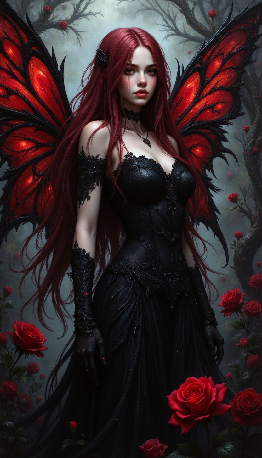 A high-quality digital artwork in the style of pinkdarkcanvas, 
A photorealistic 3D artwork of a stunning fairy with a crimson and black theme inspired by black roses and dark magic. Her long, flowing hair, a deep, rich crimson, cascades down her back like rivulets of blood. Her eyes, a piercing, glowing crimson, hold an intense, almost hypnotic gaze. Her wings, delicate yet powerful, are crafted from a shadowy, translucent black material, veined with crimson lines resembling the thorns of a rose. She is adorned in a gown of shimmering, layered black fabric, reminiscent of unfolding black rose petals, giving her a darkly elegant and regal presence. The scene is enveloped in swirling fractal patterns inspired by thorny vines and the spiraling centers of black roses, creating a dramatic and mysterious atmosphere. The overall composition is rich in contrast and texture, with a gothic, almost surreal quality that brings the fairy and her surroundings to life in a dramatic interplay of crimson and black.