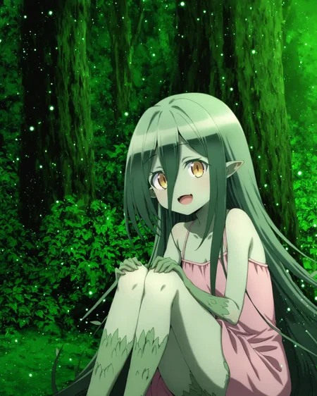 <lora:deathma_dryad_ill_v11:1> dryad, 1girl, solo, pink dress, green theme, sitting, knees up, holding knees, tree, leaf, nature, forest, plant, looking at viewer, light particles, outdoors, open mouth, smile, cowboy shot,