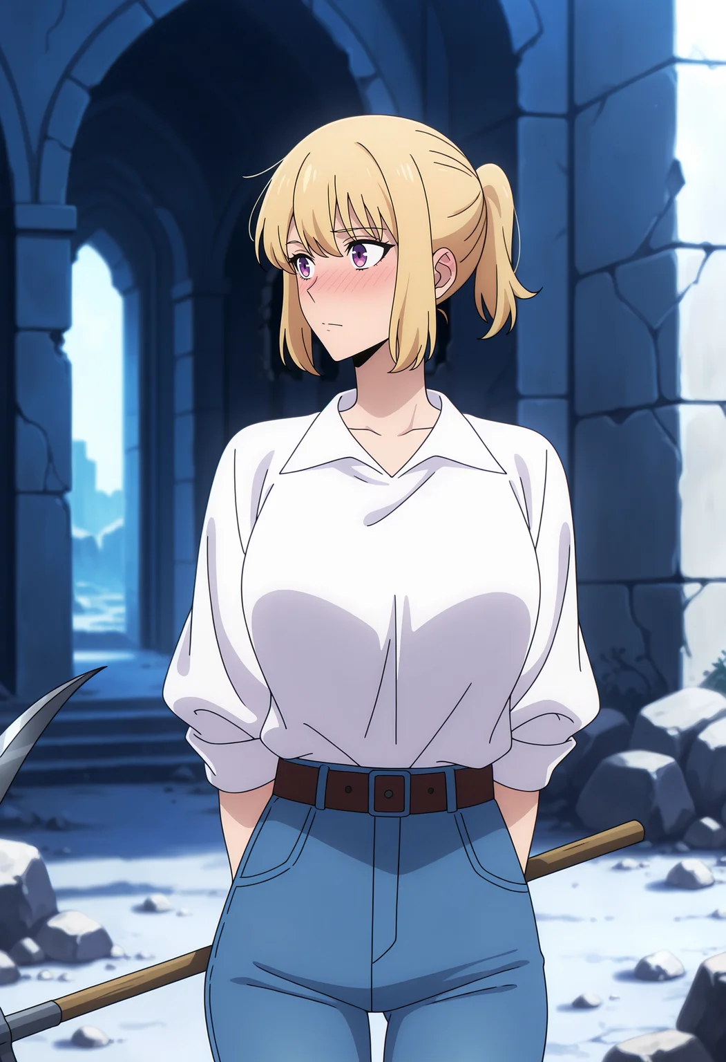 anime screencap, masterpiece, best quality,
<lora:SoloLeveling_ChaHae-In_IlluXL:0.9>,
1girl, solo, closed mouth, nose blush,
short ponytail, blonde hair, short hair, purple eyes,
ChaHaeInCasual, collared shirt, white shirt, jeans, shirt tucked in, brown belt,
holding pickaxe,
arms behind back, standing, looking away, cowboy shot,
blue theme, dungeon, stone, ruins, blurry background
