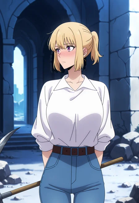 anime screencap, masterpiece, best quality,
<lora:SoloLeveling_ChaHae-In_IlluXL:0.9>,
1girl, solo, closed mouth, nose blush,
short ponytail, blonde hair, short hair, purple eyes,
ChaHaeInCasual, collared shirt, white shirt, jeans, shirt tucked in, brown belt,
holding pickaxe,
arms behind back, standing, looking away, cowboy shot,
blue theme, dungeon, stone, ruins, blurry background