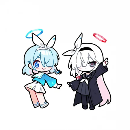 <lora:Ishikoro_Style_NBV1:0.95>,chibi,arona \(blue archive\), plana \(blue archive\), long hair, looking at viewer, blush, smile, short hair, blue eyes, simple background, shirt, skirt, multiple girls, long sleeves, white background, bow, ribbon, closed mouth, 2girls, very long hair, blue hair, school uniform, white hair, pink hair, braid, hair ribbon, ass, multicolored hair, pantyhose, pleated skirt, hairband, choker, serafuku, midriff, black skirt, sailor collar, hair over one eye, black eyes, two-tone hair, halo, arm up, black shirt, black pantyhose, neckerchief, v, single braid, black choker, white skirt, blue shirt, black hairband, white bow, white ribbon, colored inner hair, index finger raised, black sailor collar, white sailor collar, black serafuku, white hairband, light blue hair, midriff peek, blue halo, white choker, red halo, white neckerchief, blue pupils,masterpiece,best quality,newest,absurdres,highres,very awa,detailed backgroud