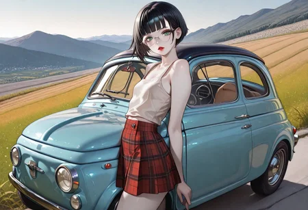 masterpiece, best quality, 32k, high resolution, absurdres, dynamic lighting, HD32k, masterpiece,fiat500, fiat 500, solo, Polly, PollyRH, short hair, bobcut, black hair, bangs, green eyes, small breasts, almost flat chest, slim, pale skin, big round eyeglasses, clear eyeglasses lenses, red lipgloss,tanktop, tartan skirt, posing next to the car, hand on car roof, outdoor, street, grass field, mountains in background, fiat500, blue car, car, parted lips, looking at the viewer
