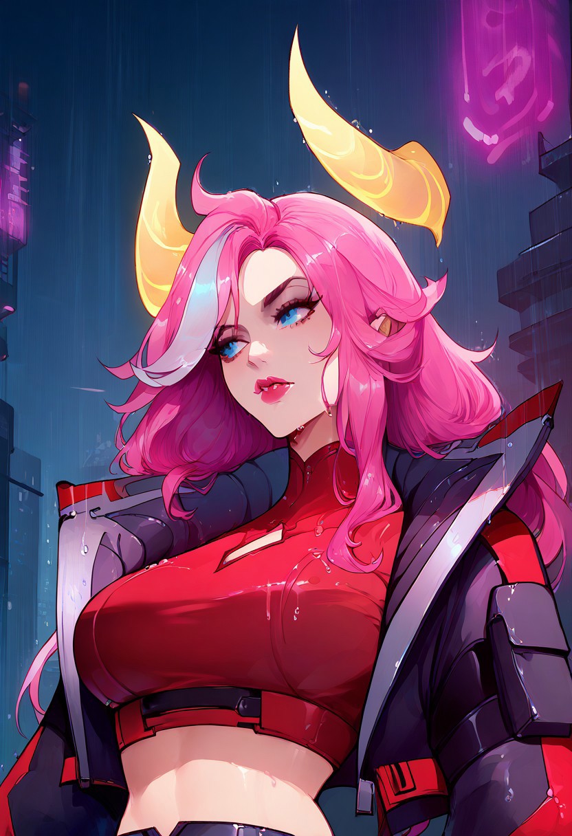 score_9, score_8_up, score_7_up, yellow glowing horns, blue eyes, 1girl, ultra detailed, city lights, large breasts, long hair, rain, neon lights, wet, pink hair, crop jacket, crop top,, midriff, stern look