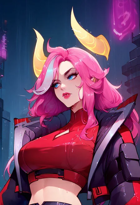 score_9, score_8_up, score_7_up, yellow glowing horns, blue eyes, 1girl, ultra detailed, city lights, large breasts, long hair, rain, neon lights, wet, pink hair, crop jacket, crop top,, midriff, stern look