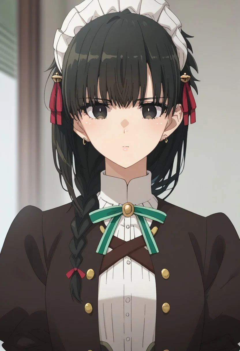 score_9, score_7_up, source_anime,
yokoya, 1girl, solo, black eyes, black hair, braid, maid headress, jewelry, earrings, maid, shirt, white shirt, ribbon, neck ribbon, jacket, black jacket, portrait
indoor,