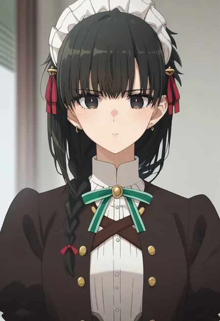 score_9, score_7_up, source_anime,
yokoya, 1girl, solo, black eyes, black hair, braid, maid headress, jewelry, earrings, maid, shirt, white shirt, ribbon, neck ribbon, jacket, black jacket, portrait
indoor,