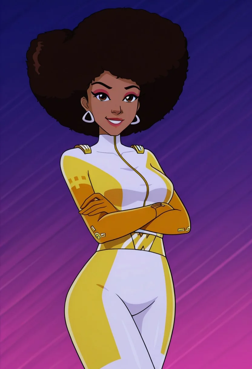 masterpiece, best quality, good quality, 1girl, solo, cartoon, totally_spies_2k24, zerlina, brown hair, afro, brown eyes, dark-skinned female, makeup, jewelry, earrings, necklace, white bodysuit, sexy, large breasts, beautiful, detailed, high detailed, very beautiful, detailed face, detailed eyes, detailed hand, abstract background, neon, smile, smirk, looking at viewer, pose, crossed arms, standing