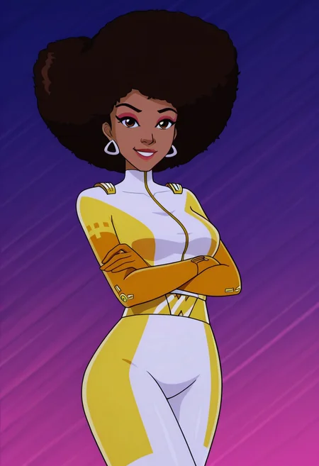 masterpiece, best quality, good quality, 1girl, solo, cartoon, totally_spies_2k24, zerlina, brown hair, afro, brown eyes, dark-skinned female, makeup, jewelry, earrings, necklace, white bodysuit, sexy, large breasts, beautiful, detailed, high detailed, very beautiful, detailed face, detailed eyes, detailed hand, abstract background, neon, smile, smirk, looking at viewer, pose, crossed arms, standing