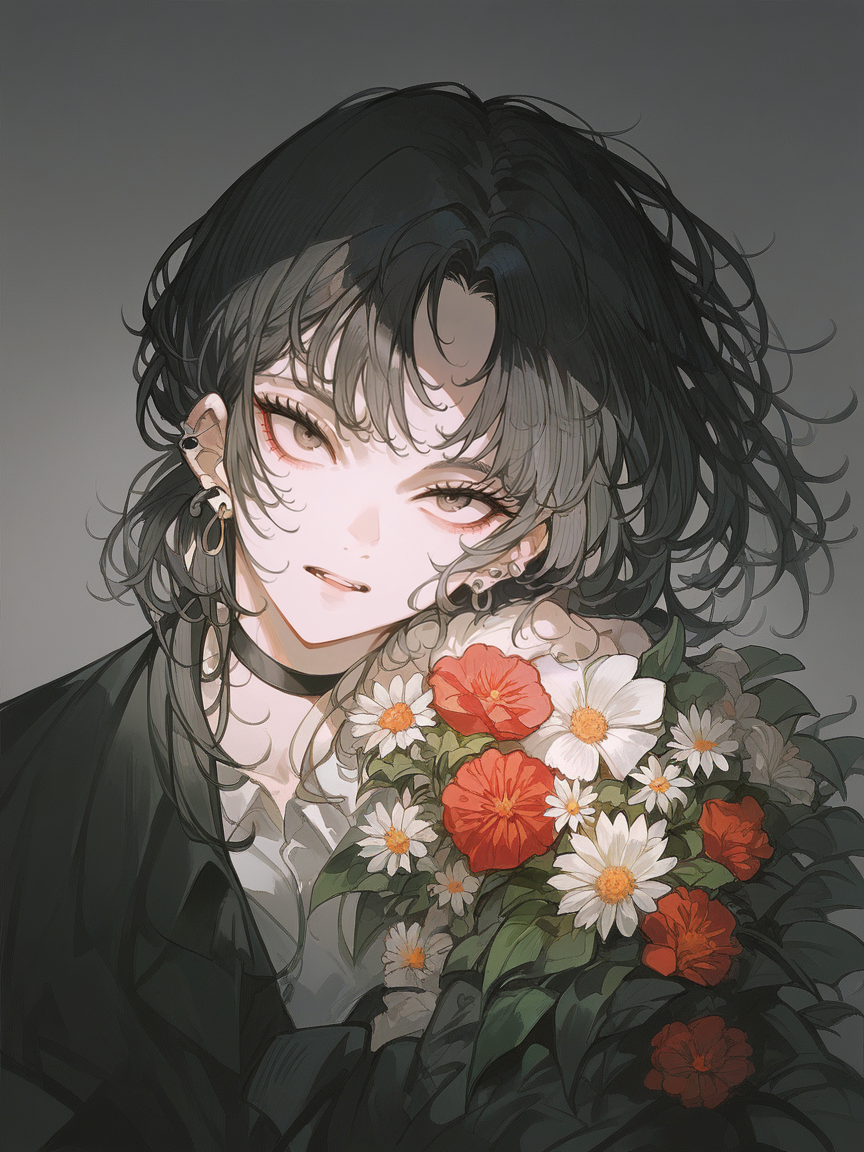 score_9, score_8_up, score_7_up, score_6_up, score_5_up,  <lora:JohnKafkaXLP:1> john kafka, 1girl, flower, colourful