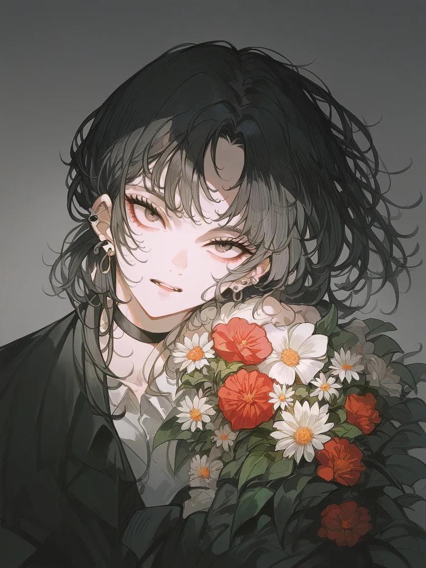score_9, score_8_up, score_7_up, score_6_up, score_5_up, <lora:JohnKafkaXLP:1> john kafka, 1girl, flower, colourful