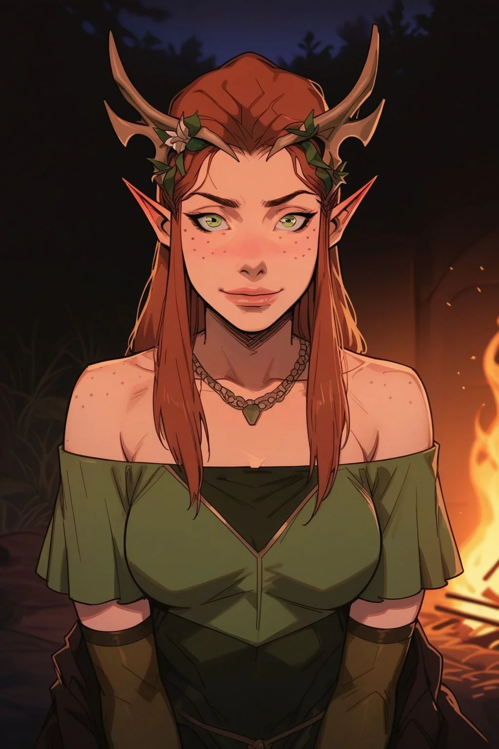(score_9, score_8_up, score_7_up), score_9, score_8_up, score_7_up, realistic, rating_explicit, amazing quality, expression lines, outdoors, night, bonfire, nature, formal dress, light green dress, off-shoulder dress, lime green off-shoulder formal dress, 1girl, solo, silk dress, aroused expression, elbow gloves, green gloves, green eyes, hands on lap, jewelry, hair ornament, freckles, red hair, long hair, pointy ears, embarrassed smile, sexy, medium breasts, bare shoulders, freckles on shoulders, necklace, antlers, blush, looking at viewer, light skin, light skinned female, elf, strapless dress,
<lora:Expressive_H:0.2>, Expressiveh, <lora:incase-ilff-v3-4:0.75>, <lora:g0th1cPXL:0.4>, g0thicPXL, <lora:Sinozick_Style_XL_Pony:0.6> sinozick style, flat color, <lora:melkor_v1:0.2> melkor_style, zPDXL3, <lora:add-detail-xl:3>, <lora:keylethydstlV2:1>