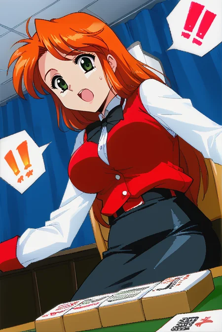 score 9,score 8 up,score 7 up,rating questionable,detailed background,aroused,cinematic lighting,dynamic lighting,source_anime,
<lora:pony_xl_kyoko:0.8>,kyoko,large breasts,narrow waist,
steaming body,sensual,alluring,sweatdrop,
red vest,long sleeves,striped white shirt,shirt tucked in,black bow,red belt,black skirt,pencil skirt,pantyhose,
<lora:mahjong_Pony_v1:0.7>,mahjong,(mahjong tile),mahjong table,board game,playing games,holding mahjong tile,
indoors,sitting,chair,
sitting,(from below,dutch angle)looking down,open mouth,surprise,tears,(spoken exclamation mark),wavy mouth,despair,