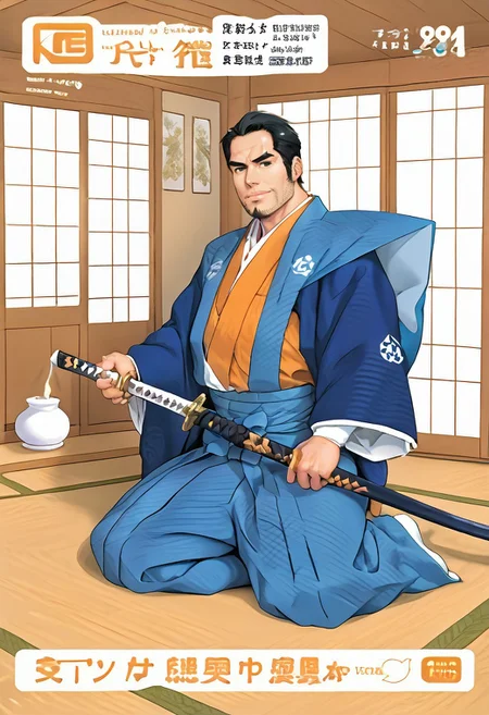 safe_pos, (Aaaild, Aaadjd, manga cover, magazine cover, text:1.2), source_anime, safe_pos, perfect anatomy, perfect proportions, best quality, masterpiece, high_resolution, high quality, solo focus, male focus, male only, bara, gay, homo, mature, masculine, manly, virile, macho, hunky, rugged, beefy, middle-age, daddy, dilf, handsome, alluring, seductive, heroic, serious, grim, stern, unsociability, bluntness, gruffness, looking away, focusing gaze, BREAK mature man, dark eyes, blond hair, sideburns, facial hair, stubble, BREAK (Kamisimo, japanese clothes, hakama, kimono, seiza, weapon, sword, katana, sheath:1.3), BREAK kneeling on tatami floor, leaning slightly, contemplative expression, shading, countershading, indoors, bright atmosphere, japanese architecture, nature, sunlight, wooden floor, indoors, inside log cabin, irori \(japanese fireplace\), washitsu \(japanese-style room\), tatami, garden, engawa \(japanese architecture\)
